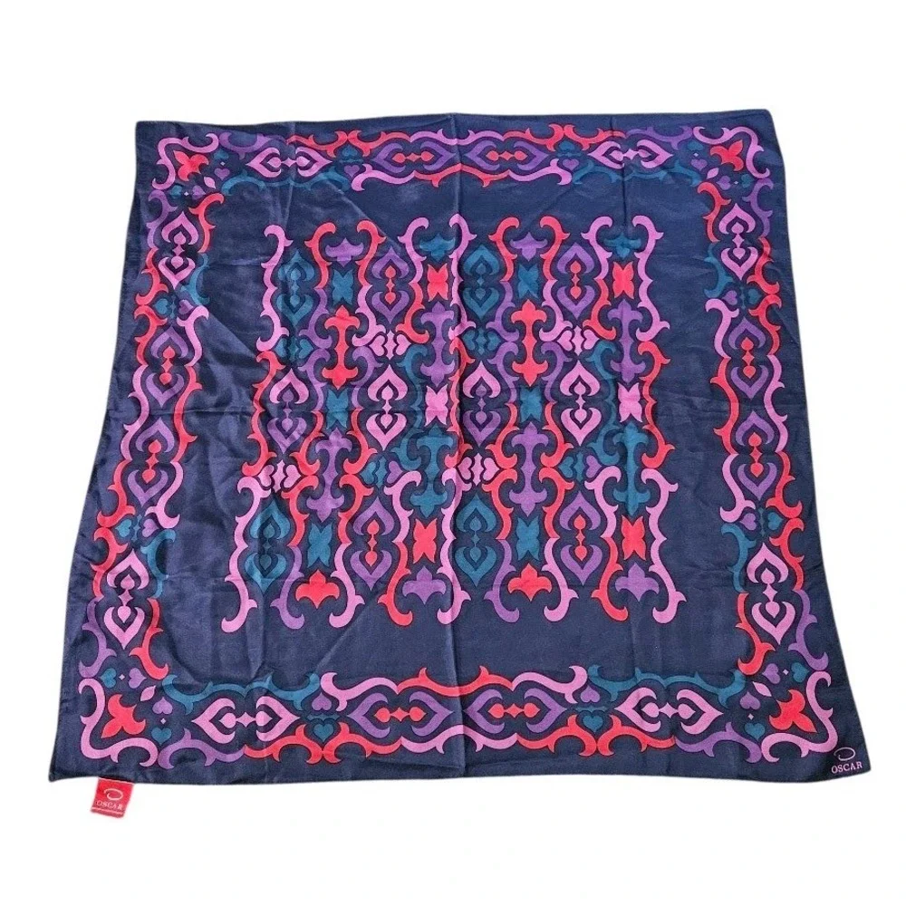 Oscar de la Renta Silk Scarf Navy Blue Pink Purple Scroll Damask Square